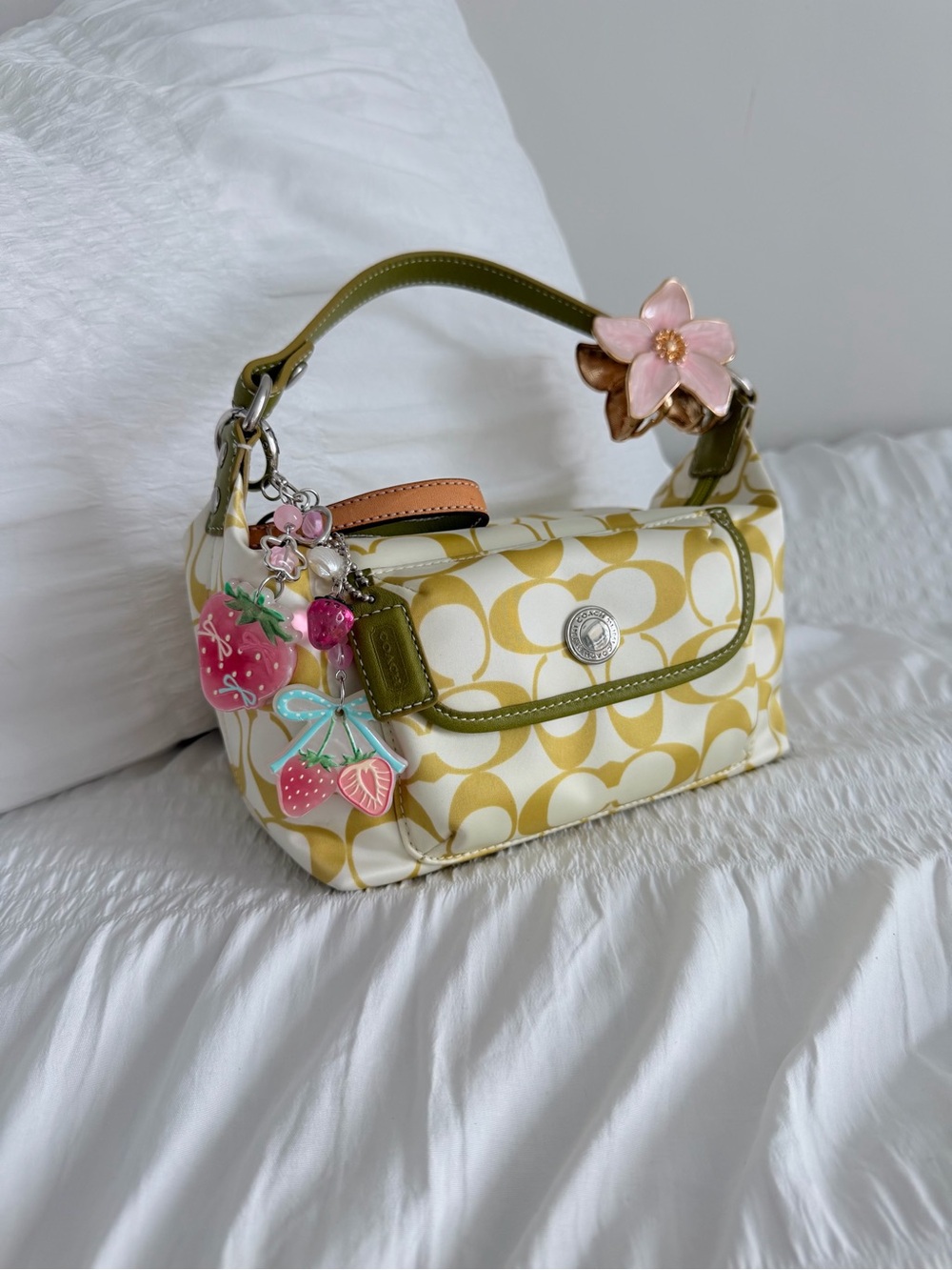 Vintage Coach Green & Cream Signature Monogram Nylon Demi Baguette Bag